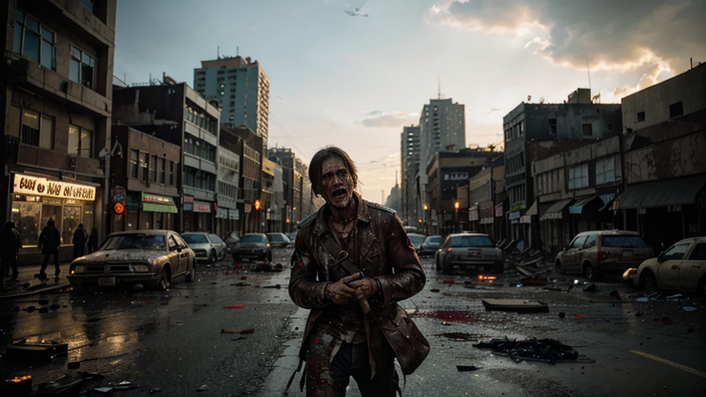 A completely destroyed city, all of its streets are stained with blood and filled with corpses, and in the center of the city there are many monsters devouring the survivors. 