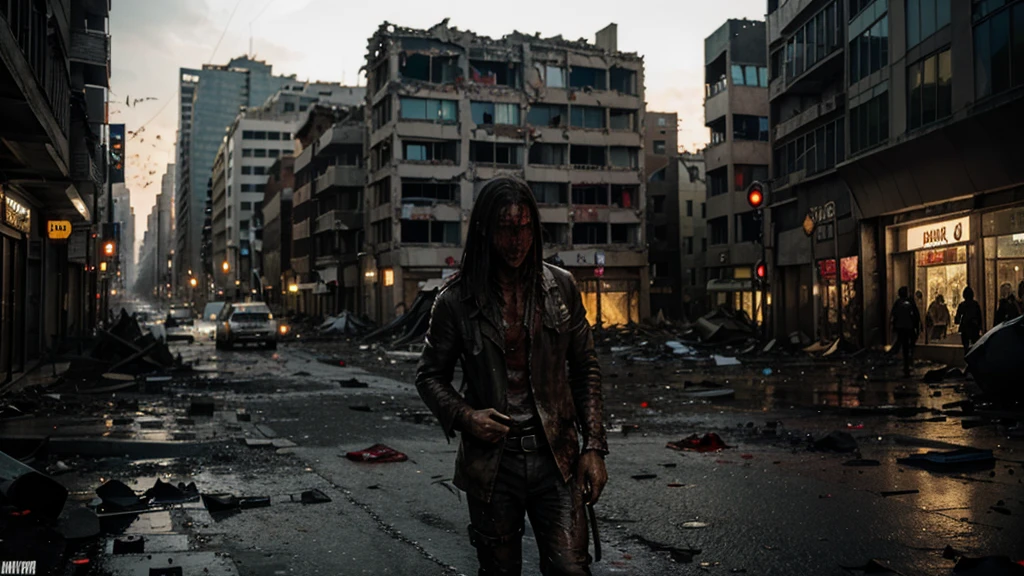 A completely destroyed city, all of its streets are stained with blood and filled with corpses, and in the center of the city there are many monsters devouring the survivors.