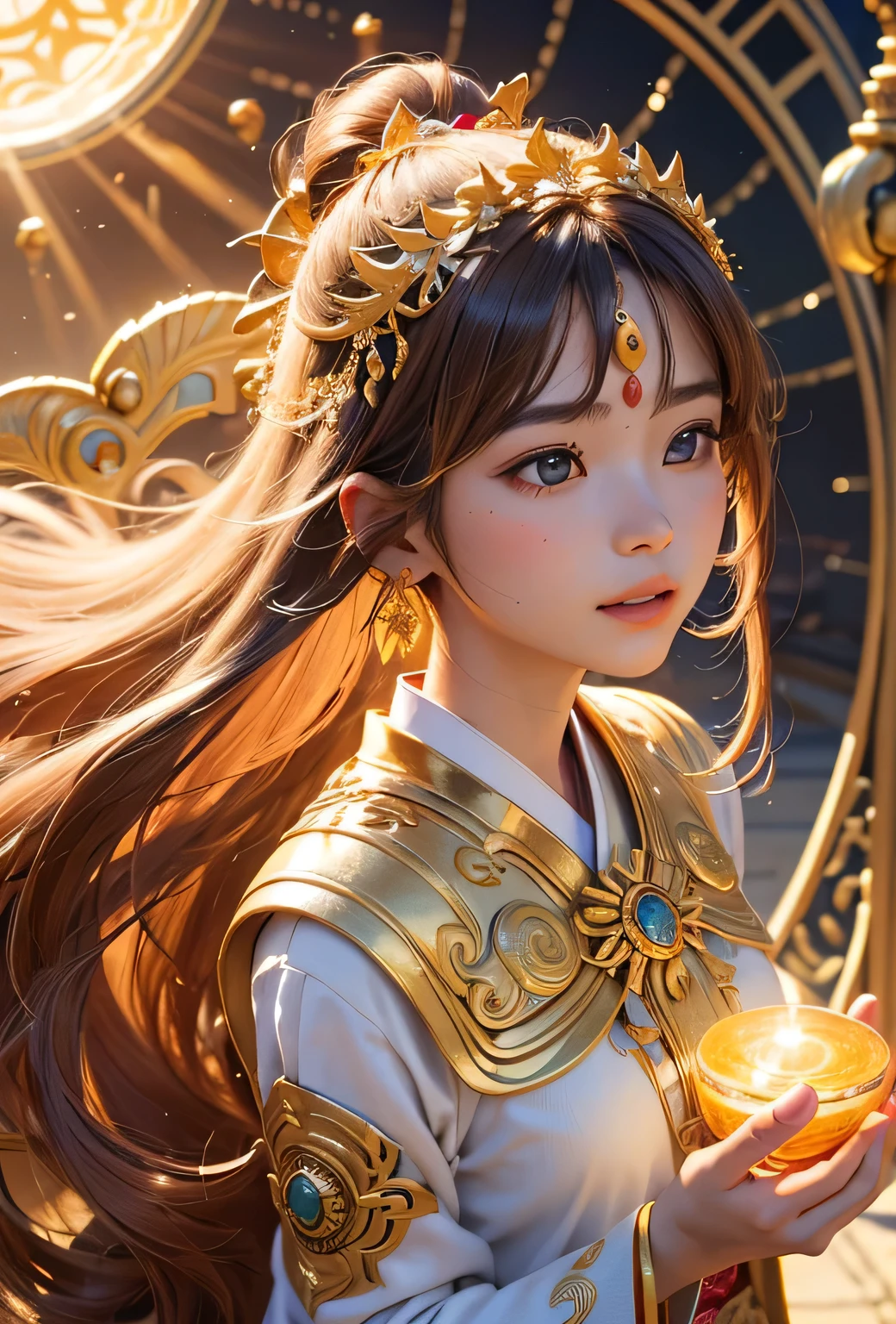 "Child of the Sun, Goddess of Love": Within a sacred sanctuary bathed in sunlight, depict the figure of a sun goddess who governs love, facing forward and emanating divine radiance. She is a , around 3 years old. Zoom in to focus on her face, with a gleaming orb of light in her hands, representing the life-giving power of the sun. Her hair is shimmering gold, and she is wearing a traditional miko outfit as seen in Japanese shrines. The background should be predominantly gold, evoking a sense of divine splendor, with numerous heart-themed objects expressing the beauty of love. The setting is in heaven, enveloped in soft, bright light, where one can find tranquility and peace of mind, free from any trace of anxiety.
