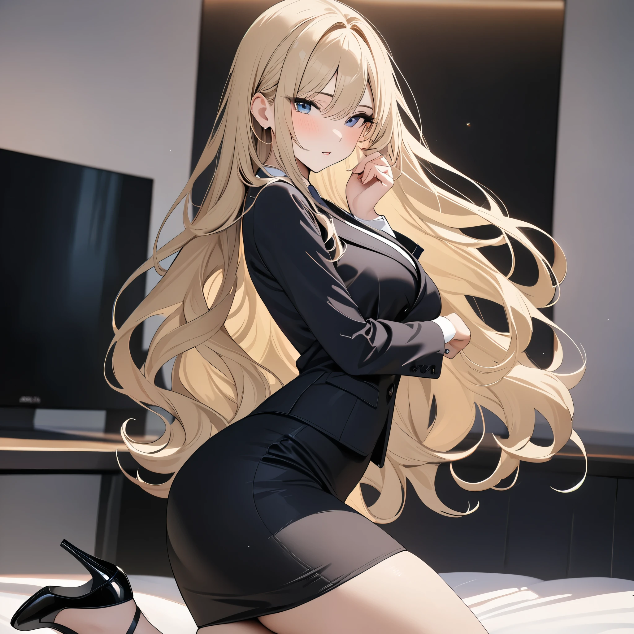 (((masterpiece, highest quality, High resolution,8k))),(((Tight Skirt))),High heels,Blonde,wavy hair,Long Hair,career woman,Model pose