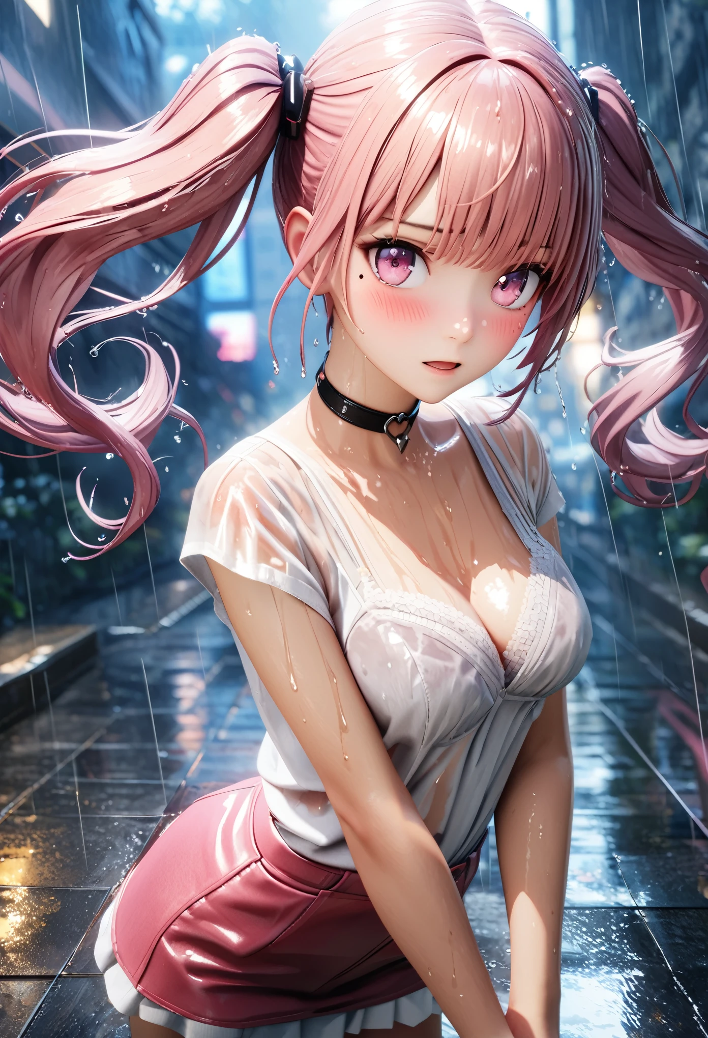 masterpiece, best quality, very detailed, high resolution, expensive resolution, high resolution, 4K, 8k, Unity 8k wallpaper, highly detailed CG, masterpiece, 2D, 3D, beautiful details, depth, fine texture, best quality: 1.3, perfect focus, transparent skin, him, rain, wet, wet clothes: 1.2
Very cute anime girl, (bra visible through white blouse wet from pouring rain, miniskirt), large breasts, expensive twin tails hair, one girl, rain, (raindrops dripping from wet hair, bra visible through thin blouse wet from rain, miniskirt), mole under eye, looks at the viewer, expensive, blush, mole, open lips, heart, pink eyes, choker, white transparent bra