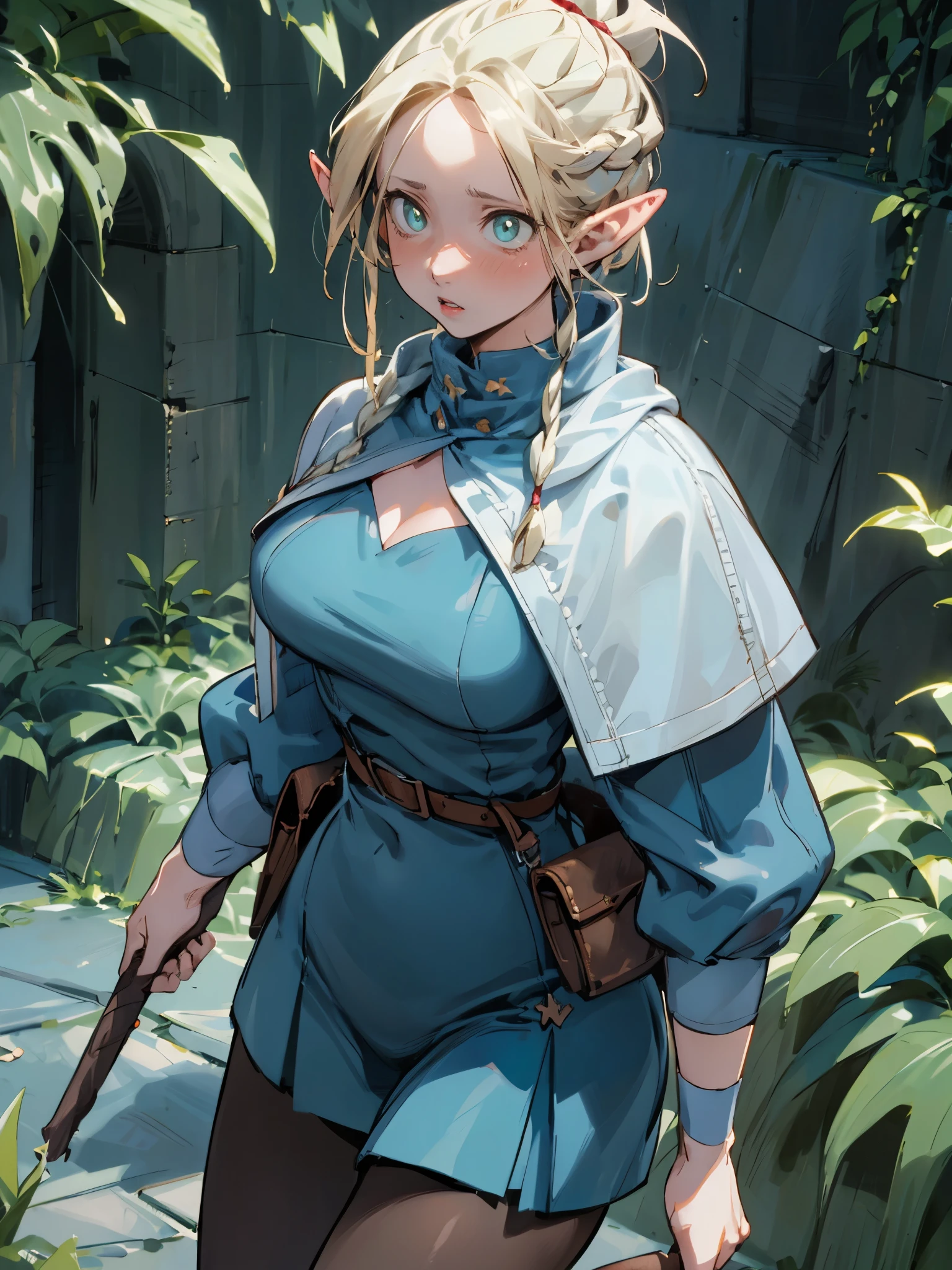 (masterpiece, highest quality) detailed, Wearing black tights, Silver Accessories , blonde ,Pointy Ears，thigh，漏出thigh，Dungeon Meshi Marcille, Marsil, Big Breasts, adventure, Attacked by strange plants, solo, One Woman:1.9, One Woman:1.9
