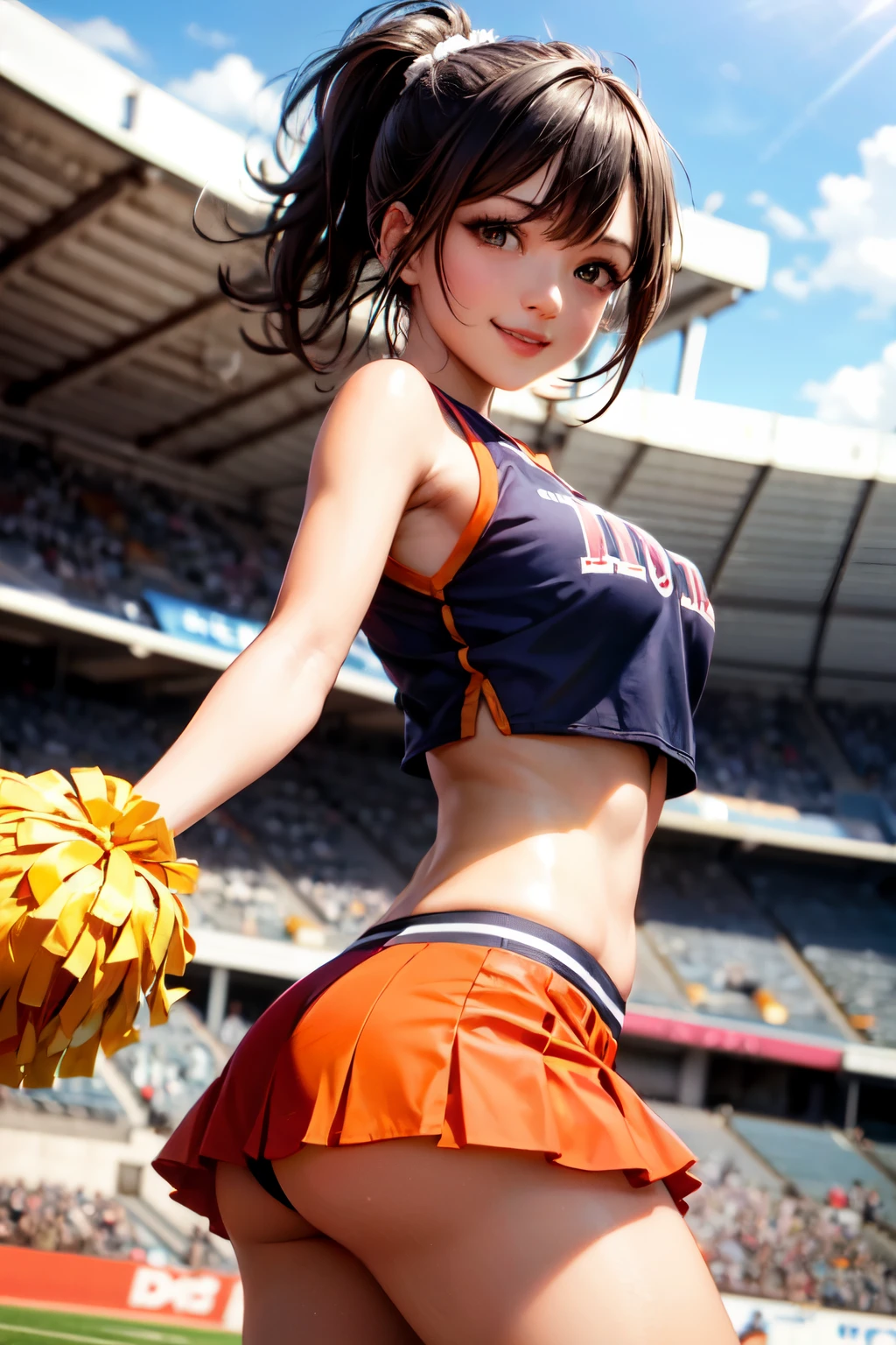 very cute and beautiful cheerleader girl,(highly detailed beautiful face and eyes),(holding pom poms:1.1),(smile:1.3),happy, (stadium stands),cowboy shot,dynamic pose,(sleeveless orange cheerleader shirt),beautiful legs, looking at viewer,black hair,hair band, (best quality,masterpiece),absurdres,highres,ultra-detailed,extremely detailed,32k,8k resolution, intricate details,cinematic scene,detailed background,solo,dynamic angle, hair fluttering in the wind,beautiful detailed sky,