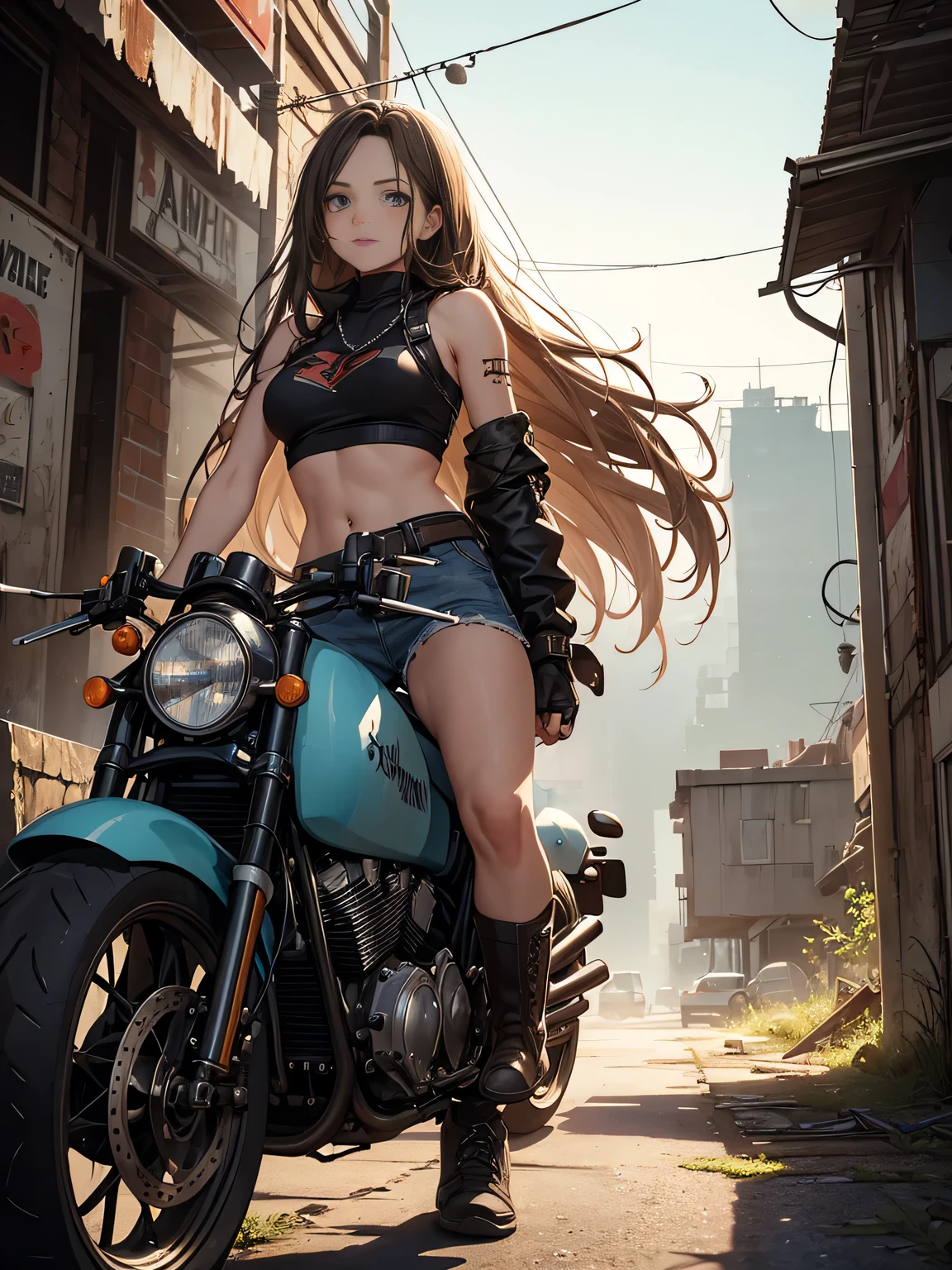 masterpiece, best quality,1girl,(watercolor painting):1.2,pencil sketch,BREAK,18 years old, (jitome), delicious flat chest, (cyan eyes):1.2, long hair, strait hair,blond hair,empty_eyes,BREAK(red_rune_forehead_tattoo):1.8,BREAK White tank top,denim shorts, fingerless gloves, Work boots,Hip Hop, Punk Look, Chain, darkbrown leather jacket,Expressionless,small smile,BREAKA photorealistic image of a young girl, Eliana, about 18 years old, riding her vintage 1970s-style black motorcycle through the ruins of an abandoned city at dusk. The scene captures her in a cowboy shot, riding intently through the decaying urban landscape. The ruins are filled with crumbled buildings, overgrown vegetation, and scattered debris, providing a stark contrast to the magical glow emanating from her motorcycle. Eliana is in side profile, focused on her path, her long ブルネット hair flowing behind her. The background conveys a sense of desolation and mystery, enhancing the post-apocalyptic fantasy setting.BREAKmasterpiece, best quality, ultra detailed, highres,4k,(ultra-detailed:1.4), newest,BREAKduch angle,cowboy shot,