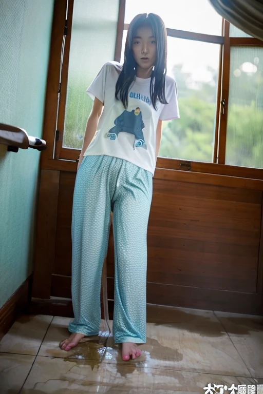Japanese Girl thin body wearing a white short-sleeved t-shirt sees the ghost and pees her light blue loose pajama pants until his pants are wet pants in fright.