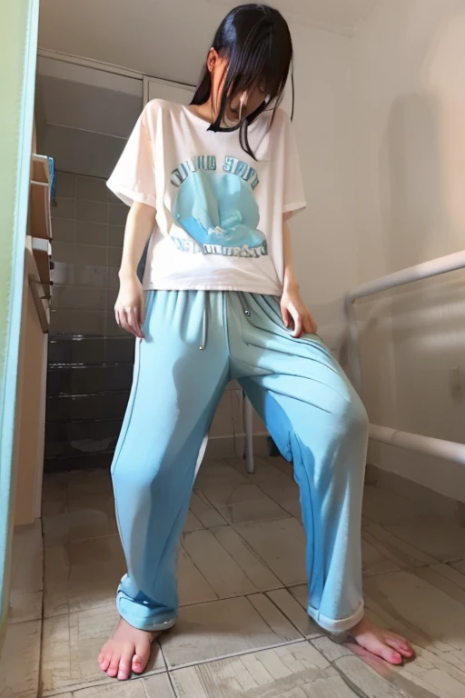 Japanese Girl thin body wearing a white short-sleeved t-shirt sees the ghost and pees her light blue loose pajama pants until his pants are wet pants in fright.