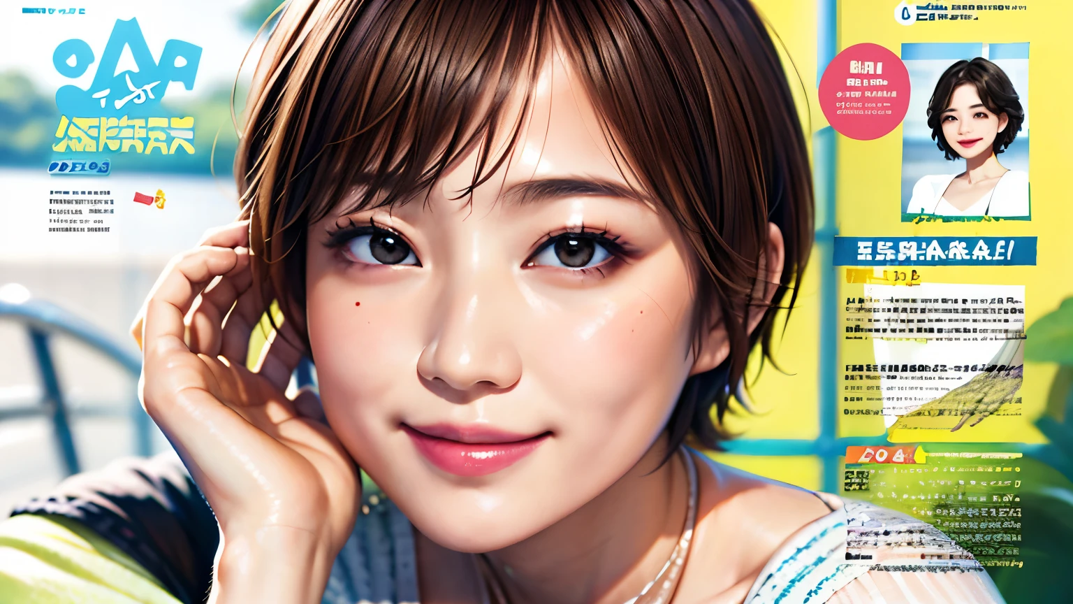 235 20-year-old female, short hair, Summer travel magazine, A kind smile, lipstick, Photo quality, Ultra-realistic