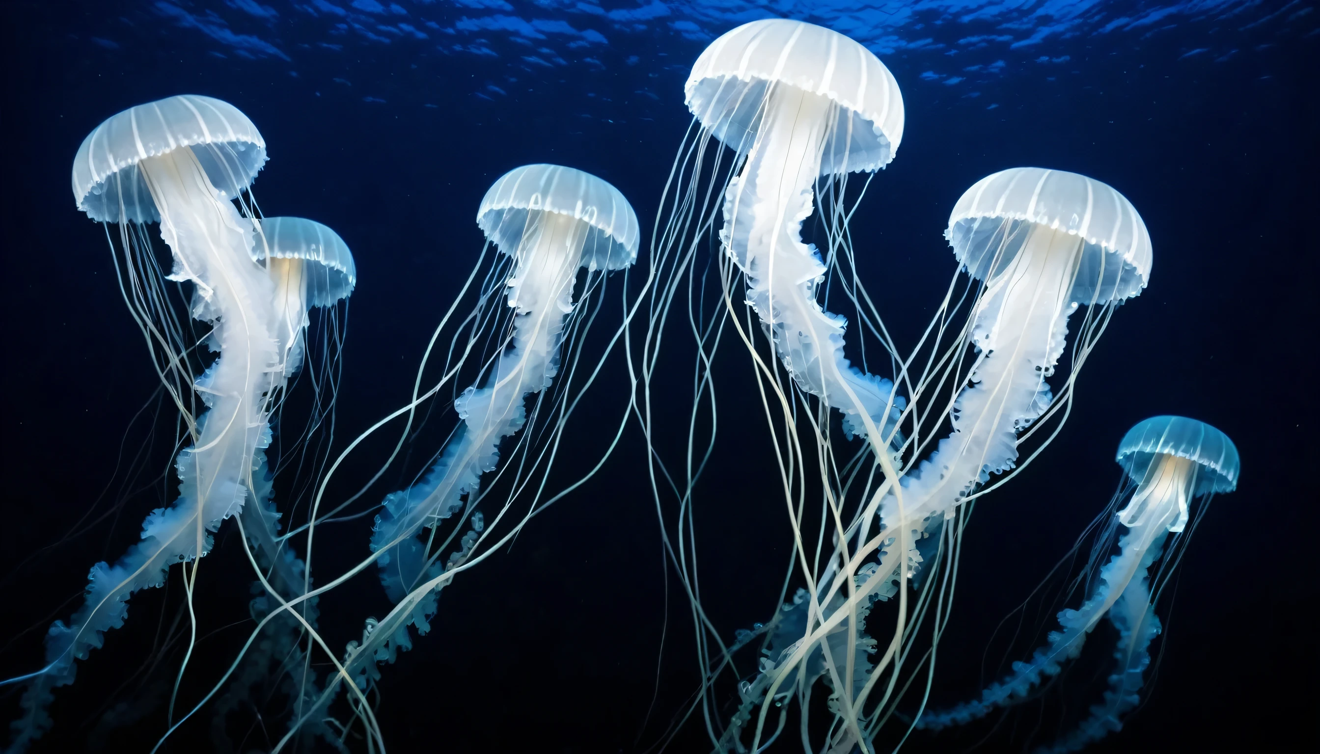 a group of white glowing jellyfish with long trailing tentacles swimming in the blue dark ocean at night
