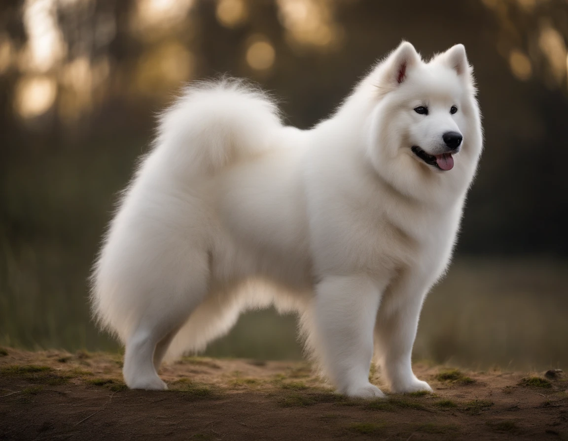 A samoyed Dog , realistic, puppy 3-months, pure white , in studio light , show the whole body , Contest level dog, 1st prize
