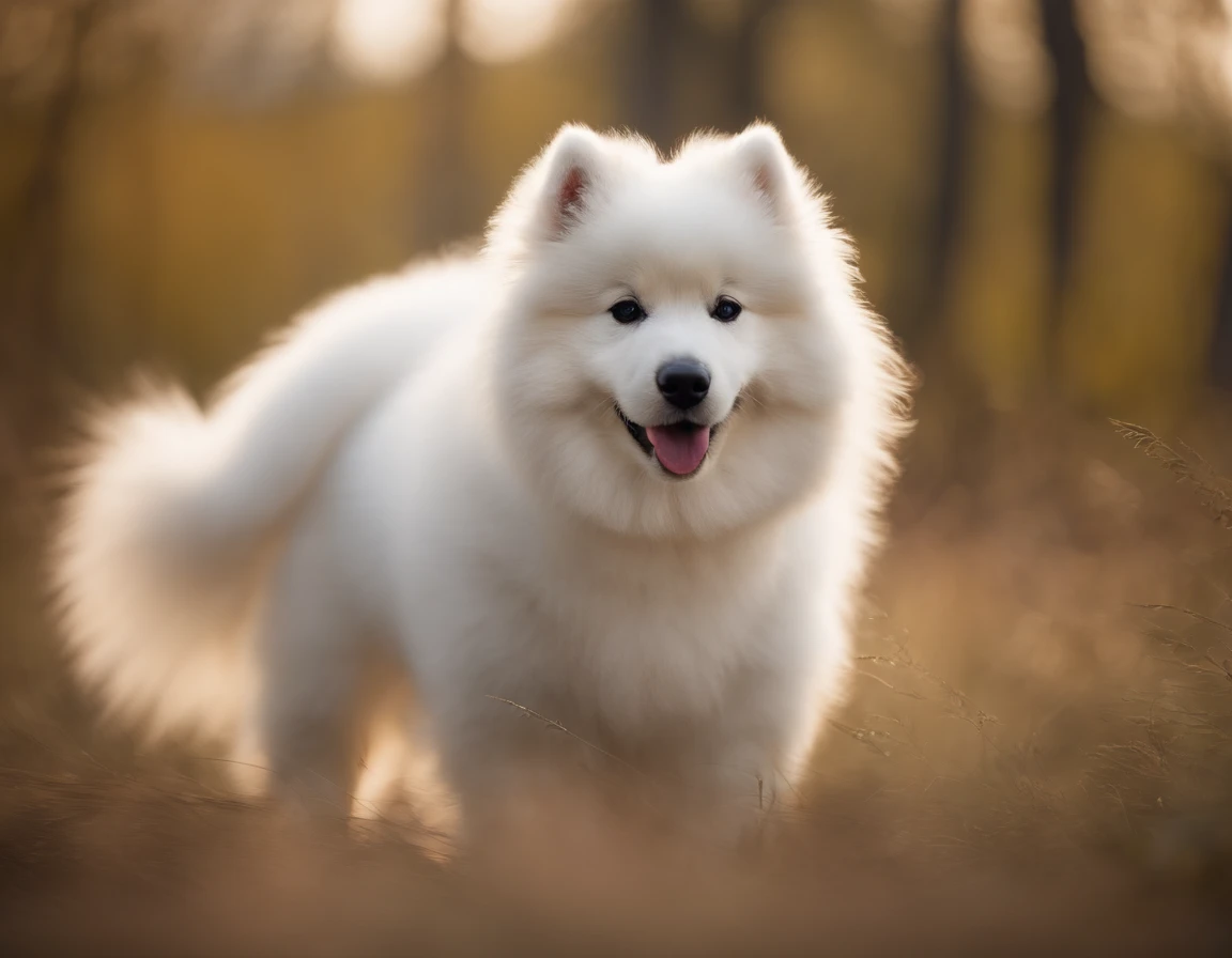 A samoyed Dog , realistic, puppy 3-months, pure white , in studio light , show the whole body , Contest level dog, 1st prize
