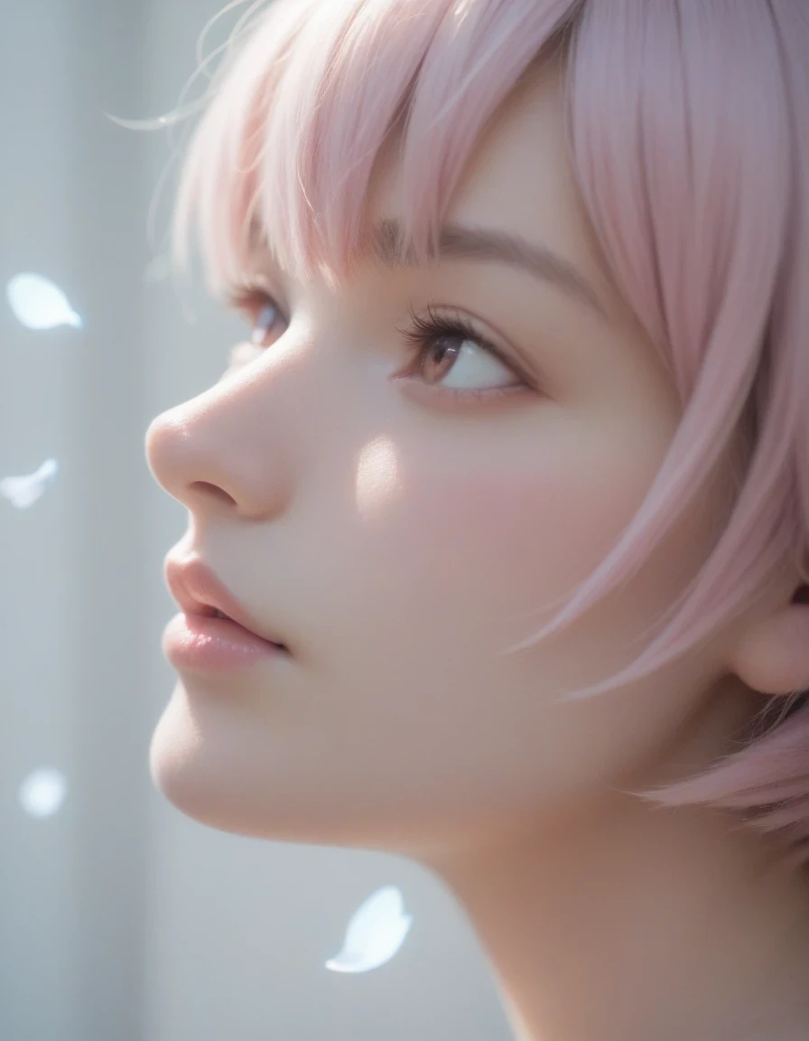 score_9, score_8_up, score_7_up, score_9, score_8_up, score_7_up, Girl's profile picture, light pink bobcut hair like a ayanami with bangs, light blue petals on cheeks, realistic skin texture, detailed picture, close-up, HD32k,