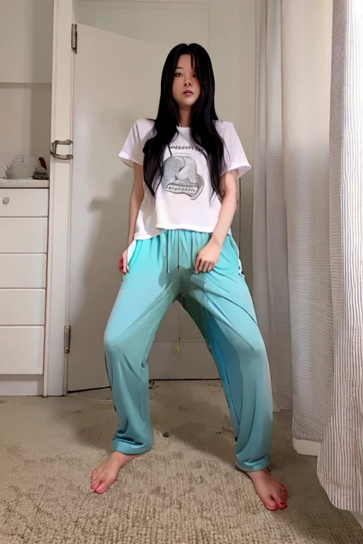 Japanese Girl thin body wearing a white short-sleeved t-shirt sees the ghost and pees her light blue loose pajama pants until his pants are wet pants in fright.