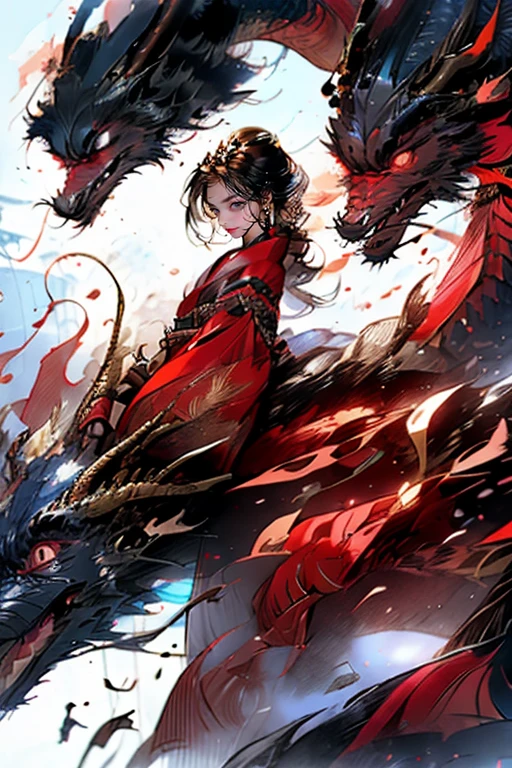 1girl and 1dragon,big red dragon,navy yukata,she has a Japanese sword, Japanese style,black hair and long hair