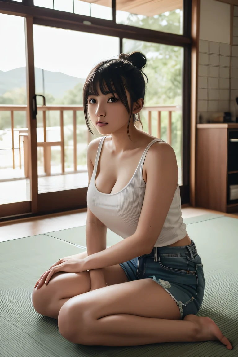 girl, hair bun, black hair, parted long bangs, (thin eyebrows), oversized gray Tank tops, denim shorts, barefoot, (large breasts), cleavage, symmetrical eyes, sitting, indian style, full body shot, washitsu, scenery, tatami, sliding doors, indoors, window, Underexpose Lighting,
