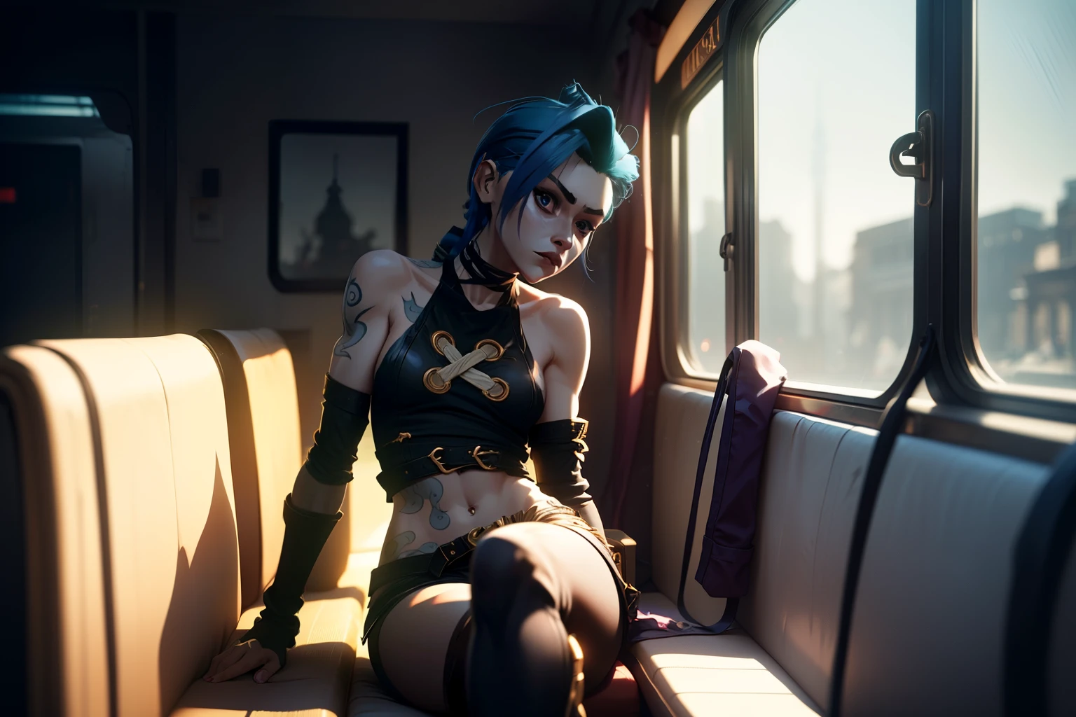 Jinx, arcane jinx, sitting on a train seat, 8k unreal engine design, vibrant colors, next to a window, jinx arcane outfit, jinx arcane clothes