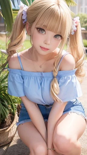 ((highest quality)), ((masterpiece)), (detailed), Perfect Face, ((highest quality, 8k, masterpiece: 1.3)), Highly detailed face and skin texture, Fine grain, double eyelid, Girl with big flower in her hair, hibiscus, Phalaenopsis orchid, Dahlia, Blonde, Low twin tails, Off the shoulder, White T-shirt, Denim mini skirt, Midsummer Beach, blue sky, Strong sunlight, Shot to the knee,Standing posture,