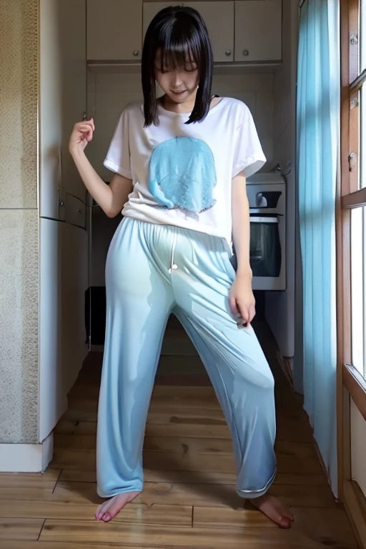 Japanese Girl thin body wearing a white short-sleeved t-shirt sees the ghost and pees her light blue loose pajama pants until his pants are wet pants in fright.