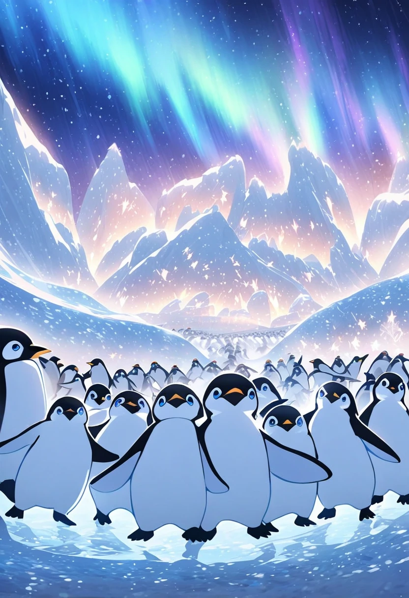 a white penguin AI robot dancing in front of many penguins under the fantastical northern lights in the arctic, blue lights emanating from the robot's body, fantastical arctic background, penguins dancing together
