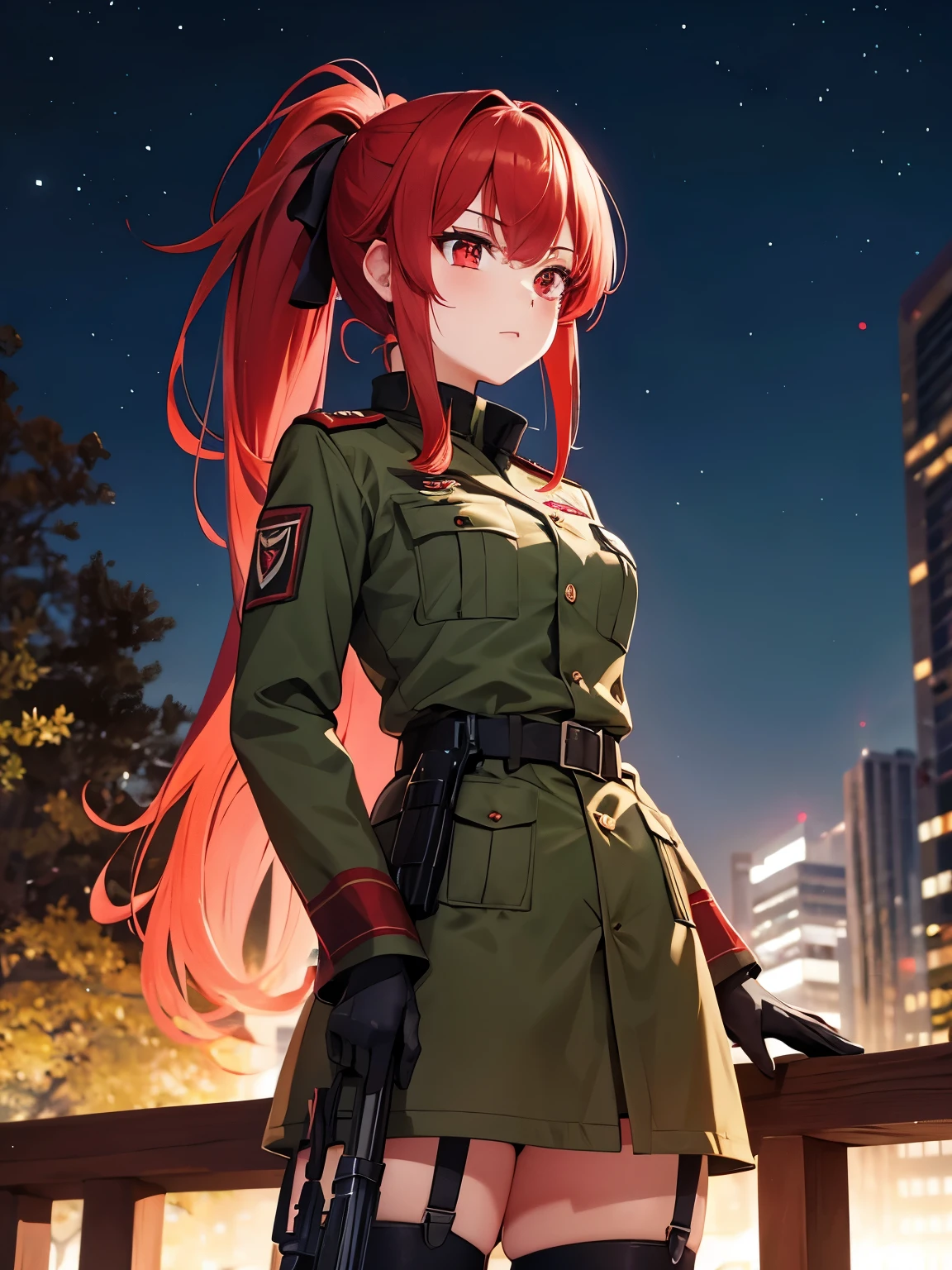 1girl,red hair,ponytail, girls army uniform, standing in the park, night, red eyes, Ultra detail, Ultra HD, masterpiece