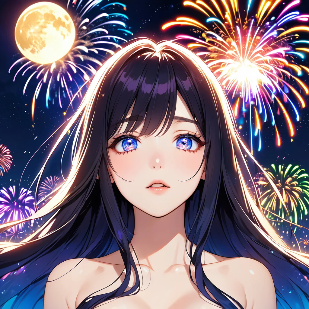 anime、Vibrant colors、Cool beauty、Moon Goddess、17 years old、Long Hair、Straight Hair、Narrow eyes、Slanted Eyes、Bright eyes、Sharp Eyes、Sparkling eyes、Large Breasts、night、Starry Sky、100 fireworks in the sky