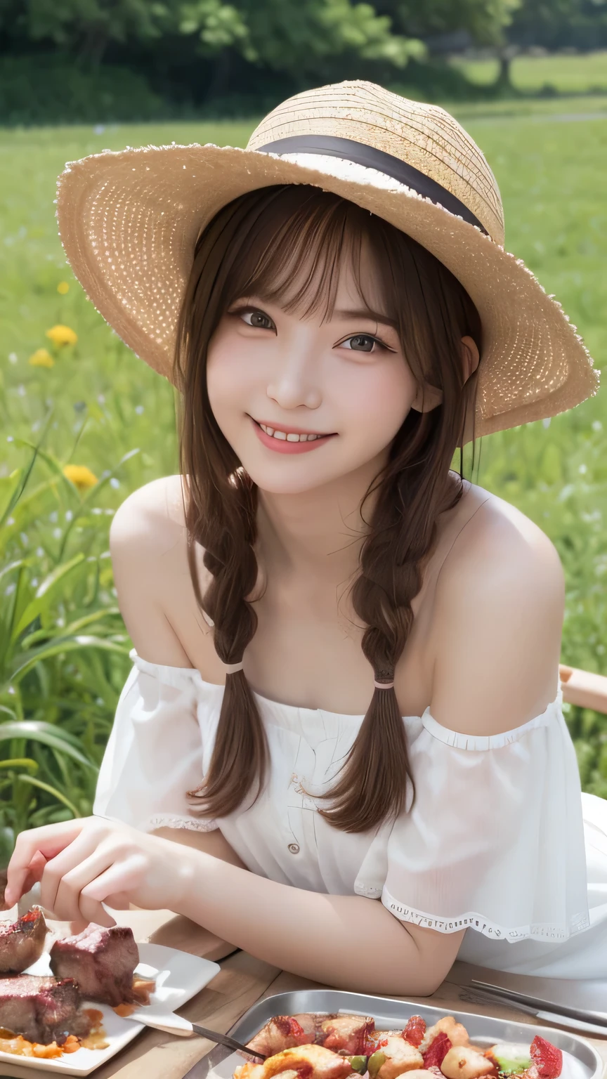 top-quality,fullbody shot,,super high resolution,(Realistic:1.4),Raw photography,
highest quality、masterpiece、超A high resolution、(Photorealistic:1.4)、RAW Photos、1 girl、White Dress、Off the shoulder、Flower Field、Glowing Skin、A light smile、Braided hair、Floating Hair、Rape flower field、Backwards、Backwards , Straw hat , huge shy smile , big eyes , heart-shaped pupils , blush , pout , random cute pose , Have a barbecue:1.5 , Reaching out , Grilled meat , picnic