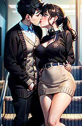 nsfw、(Full body angle),(On the stairs in the school),Office lady kisses boy、(Kissing a boy passionately)Kissing with tongue、Drooling and kissing、(The office lady is doing M-leg spread:1.5)、(Put a beige cardigan on top:1.6)(Wearing a black knitted sweater:1.8)The chest is open、Larger breasts、Underwear is visible、The woman has brown hair.、Sharp Eyes、Hanging eyes、Gal makeup、Wearing a gal bracelet、Kissing a boy passionately in the corner of the school stairs、((kissing lip shape)) ((Office lady grabs boy's face and kisses him with tongue out:1.8)、(((Tongue out and drooling)))