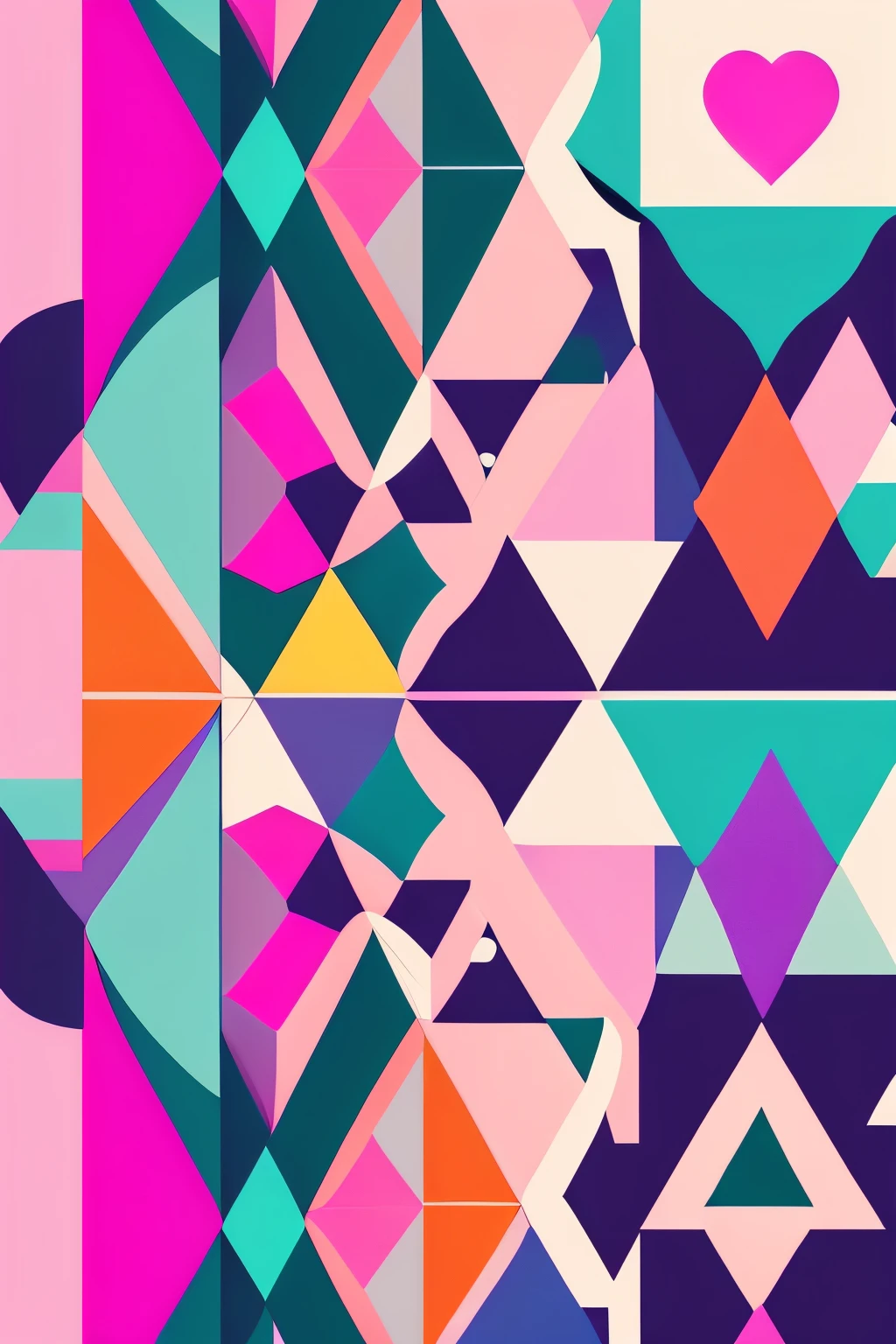 seamless fusion, best quality, geometric patterns, spheres, triangles, hidden tiny heart marks, monochrome, pastel colors, vivid colors, orderly layout, pop art, artwork