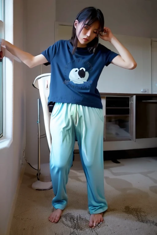 Japanese Girl thin body wearing a white short-sleeved t-shirt sees the ghost and pees her light blue loose pajama pants until his pants are wet pants in fright.
