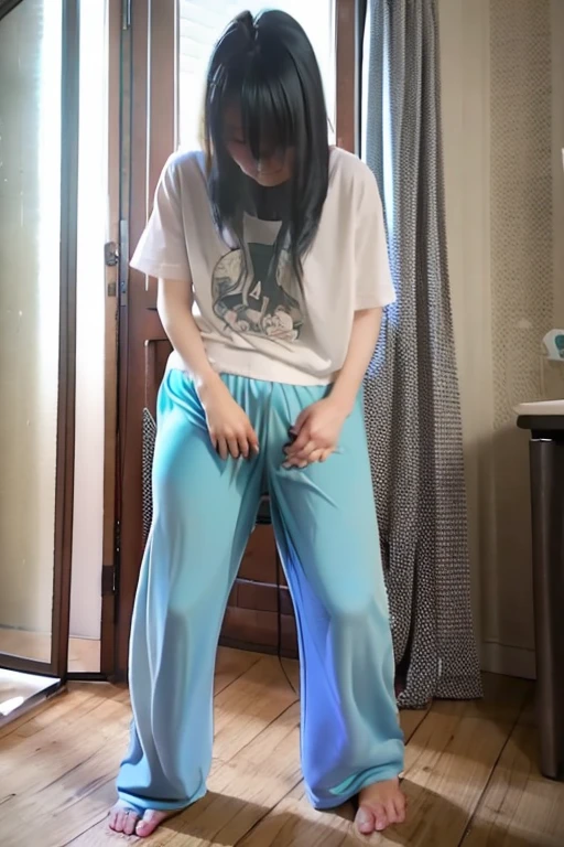 Japanese Girl thin body wearing a white short-sleeved t-shirt sees the ghost and pees her light blue loose pajama pants until his pants are wet pants in fright.