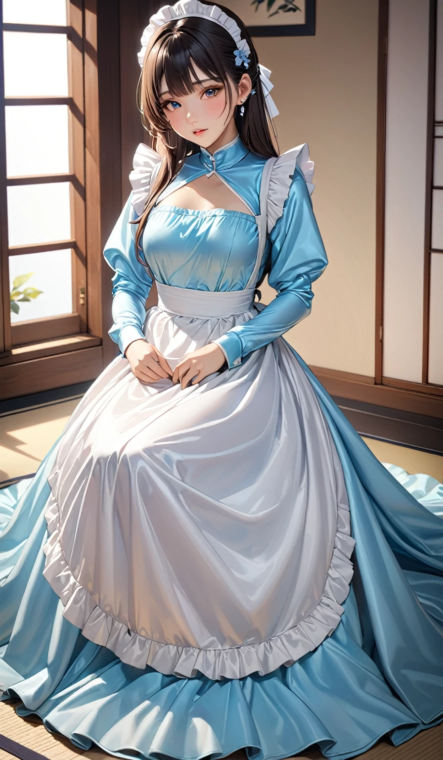 (masterpiece,highest quality,超A high resolution),Japanese women, (((Very beautiful 25 year old girl))), pretty girl、The dress completely covers the whole body.、(Shiny light blue long sleeve maid dress)、High-necked shirt、Long skirt