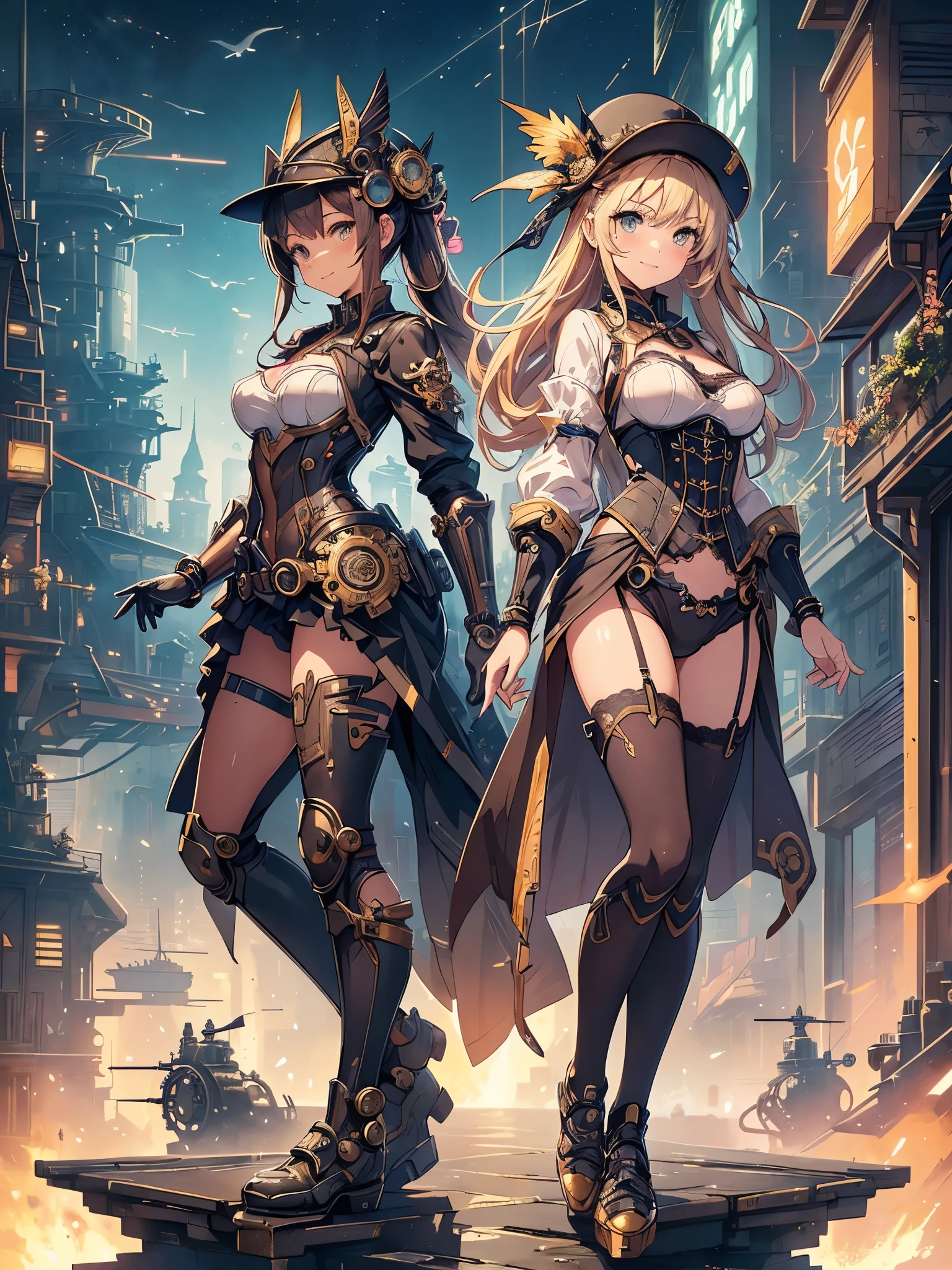 (Line art_anime),(full body,Low Angle, highest quality, ),(Laura Budd Photos:1.2),(Laura Add details:1.0),8k, Flat Color:0.8,1 girl,smile,(Highly decorative and complex mechanical steampunk fashion, Lace flare dolphin hat、goggles、machinery background、Gear background、An elaborately mechanized steampunk cityscape 1.5),Cute pose,