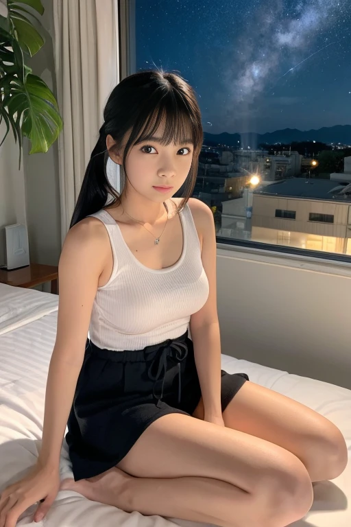 8k,Japanese,6 years old,innocent face,teenage girl,cute,summer clothes,everyday wear,sitting,black hair,on the bed,coastline,hair clip,night view,starry sky