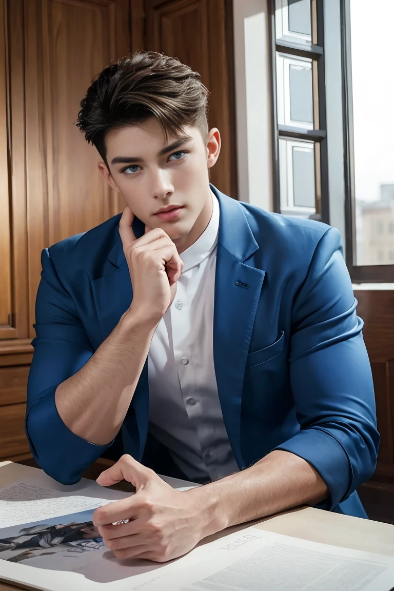 Ultra wide angle，((masterpiece)),((best quality)),8K,High Detail,Very detailed, 2 handsome muscular boys，very manly，blue eyes，Fashionable short hair，Vivid male image, fashion pose, masculine expression，Real skin texture, Perfect and realistic hand details，Light,
Royal blue style couple，White male model photos