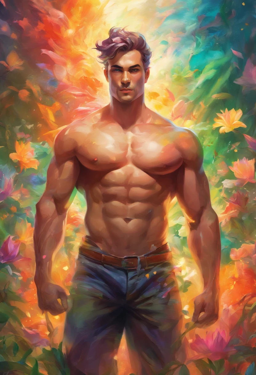 A strong, manly, naked man in an explosion of rainbow-colored translucent lilies, ((strong and muscular body, realistic)),Rendered by Octane,Unreal Engine,Rococo Paper Cut,Green and White Watercolor
