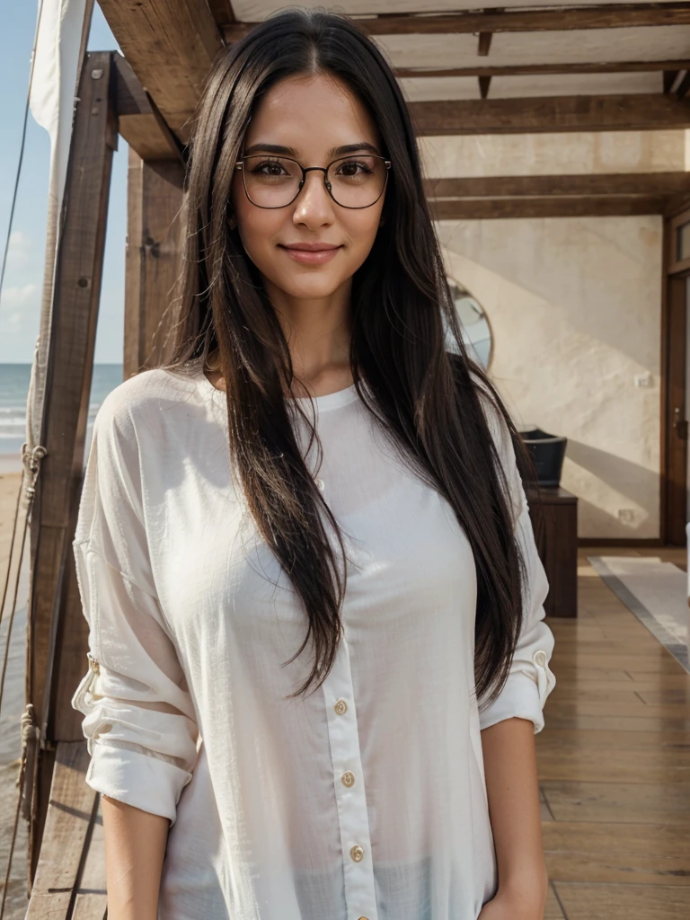 1 adult woman, long hair,Wear glasses, Black hair color, smooth skin, brown eyes, smile, From time to time, Light clothes look sexy., realism, With the background of a luxurious seaside retreat., 8k super realism, super detalhado e realism