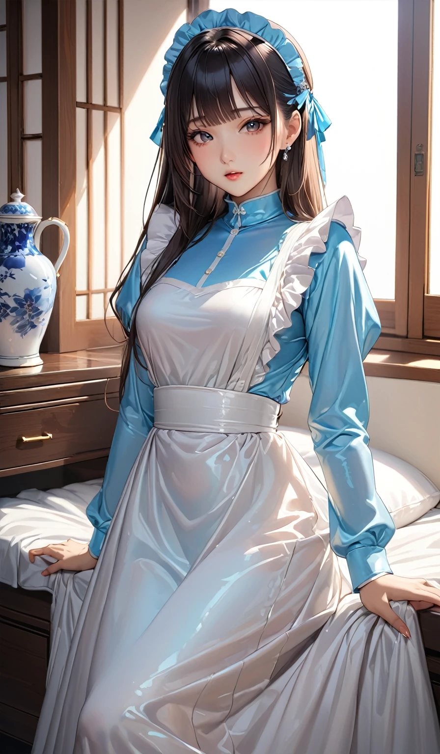 (masterpiece,highest quality,超A high resolution),Japanese women, (((Very beautiful 25 year old girl))), pretty girl、The dress completely covers the whole body.、(Shiny light blue long sleeve maid dress)、High-necked shirt、Long skirt