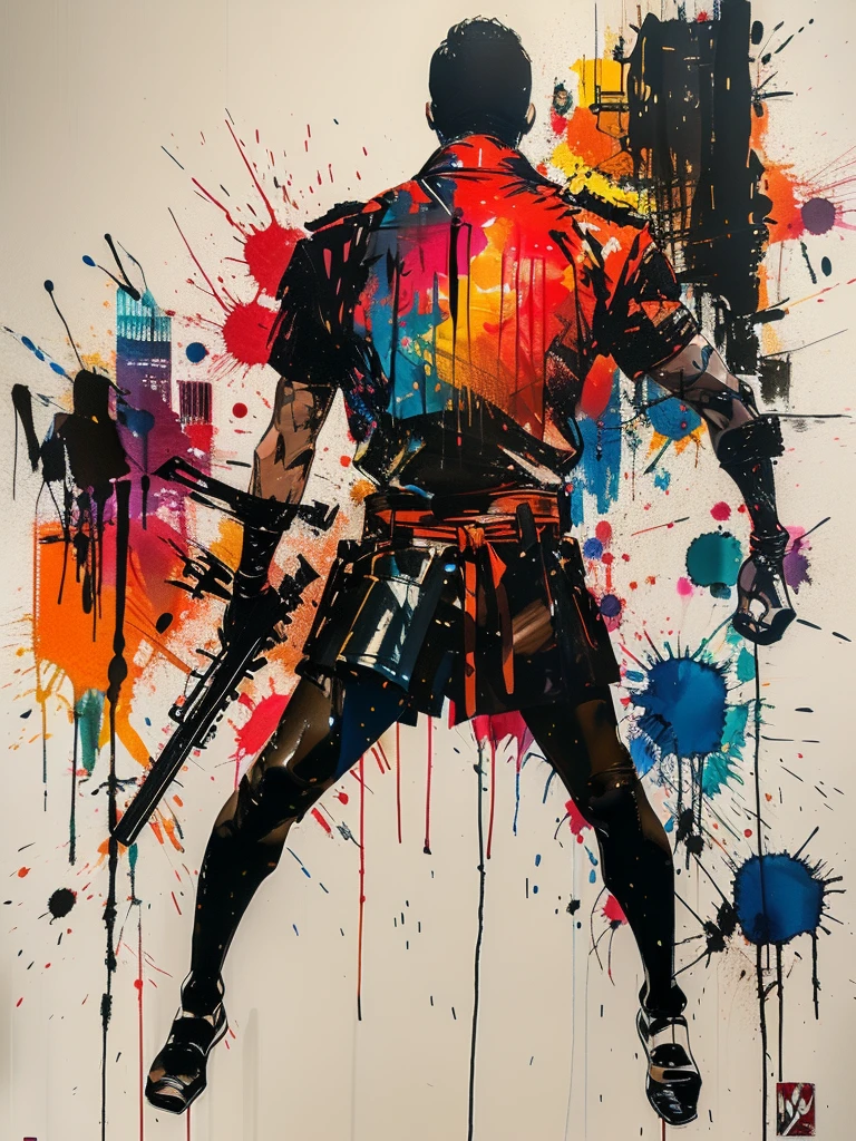 masterpiece, best quality, color ink painting, male silhouette, armed combatant, combat tights, dynamic pose, silhouette, graffiti splash, bold colors, dynamic, colorful, abstract painting, close look, like a man, artwork, mystery, design