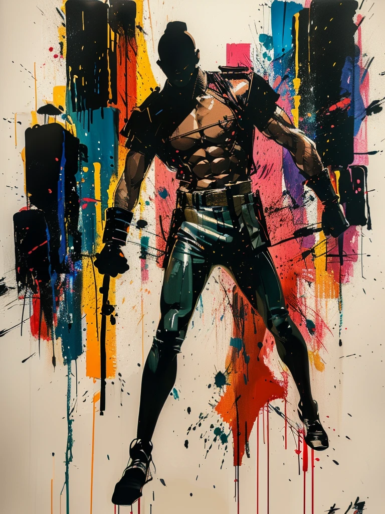 masterpiece, best quality, color ink painting, male silhouette, armed combatant, combat tights, dynamic pose, silhouette, graffiti splash, bold colors, dynamic, colorful, abstract painting, close look, like a man, artwork, mystery, design