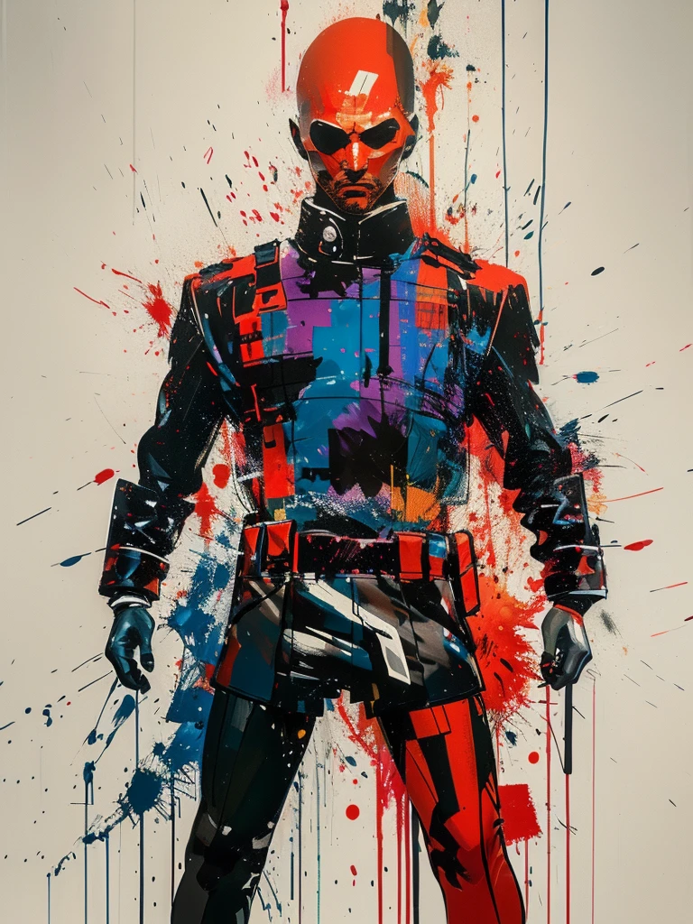 masterpiece, best quality, color ink painting, male silhouette, armed combatant, combat tights, dynamic pose, silhouette, graffiti splash, bold colors, dynamic, colorful, abstract painting, close look, like a man, artwork, mystery, design