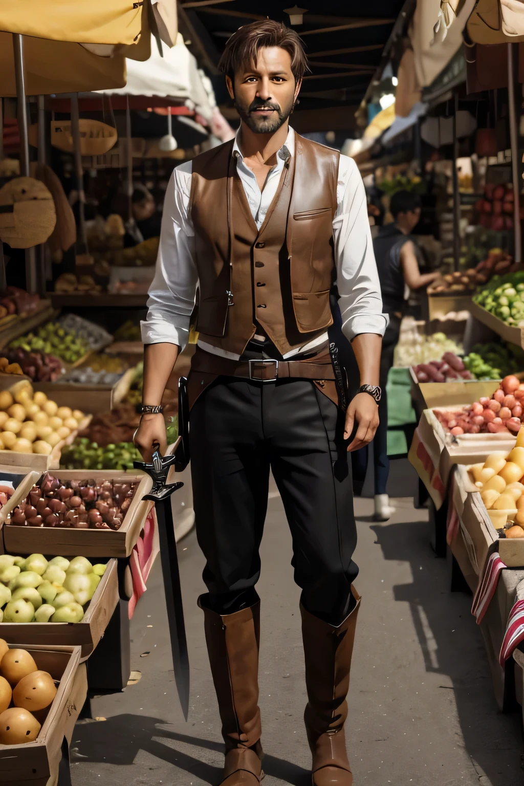 Fantasy world, solo male, 40 years old, short brown hair, brown eyes, facial hair, standing in market, tan pants, brown vest, black boots, sword on his waist