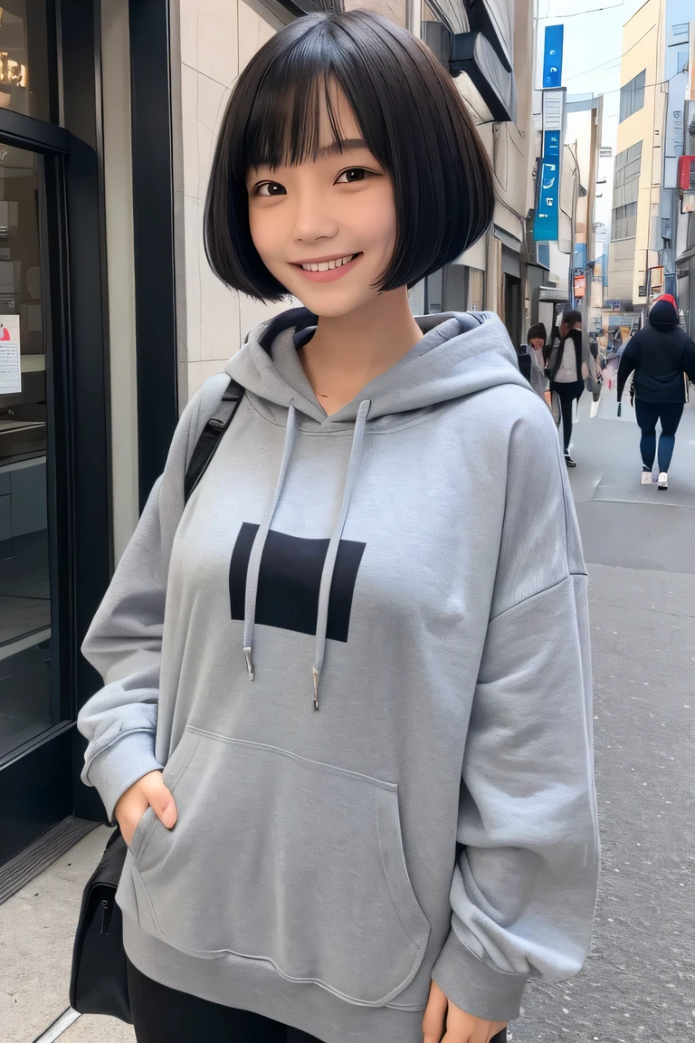 Japan woman in grey hoodie、cute smile face、14 year old、street corner、black A-line bob cut、Oversized T-shirts, huge breasts