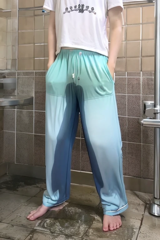 Japanese Girl thin body wearing a white short-sleeved t-shirt sees the ghost and pees her light blue loose pajama pants until his pants are wet pants in fright.