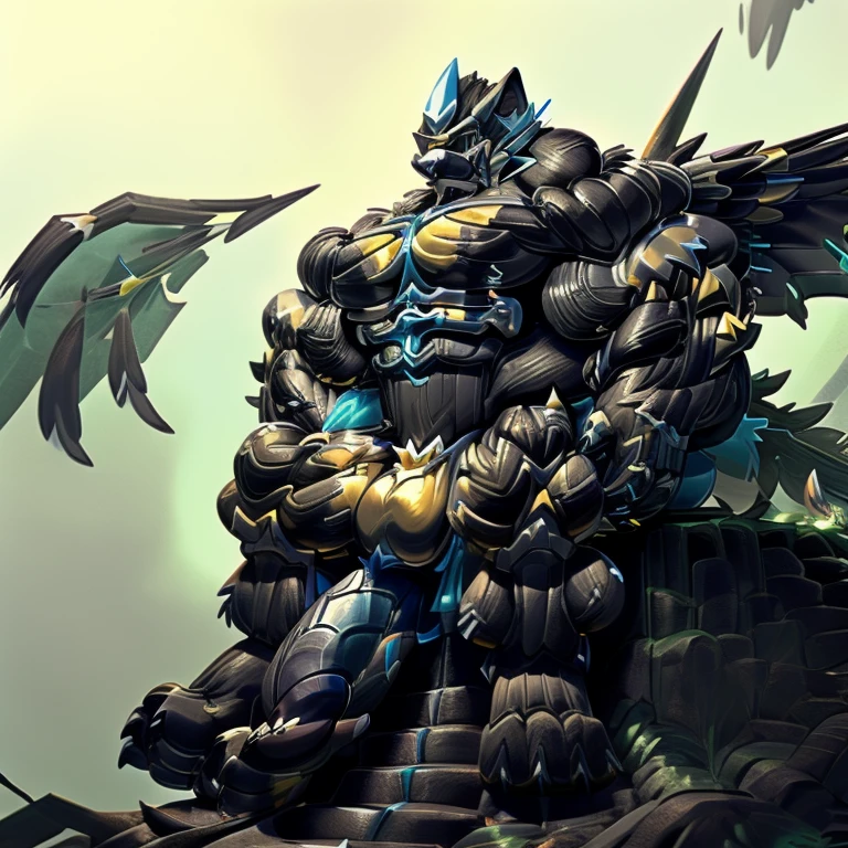 universe, (zeraora), (gigantic muscles), 8K, Masterpiece, highres,
GOLD COLOR visor, Detailed head, Detailed Body, full body, Detailed abs, wearing crNanosuit, big muscle (pecs, triceps, traps) unusually developed muscular body, body full of huge muscles. showing off muscles, pectorales enormes. Exaggeratedly huge muscles. Gigachad Muscular, gigantic muscles, Colossal giant NANOSUIT over a battlefield, 
The claws are sharp,
Sharp teeth,
Spread wings, have big wings.
nj5furry, Animal paws, sitting on the throne, big penis (black color), long legs,