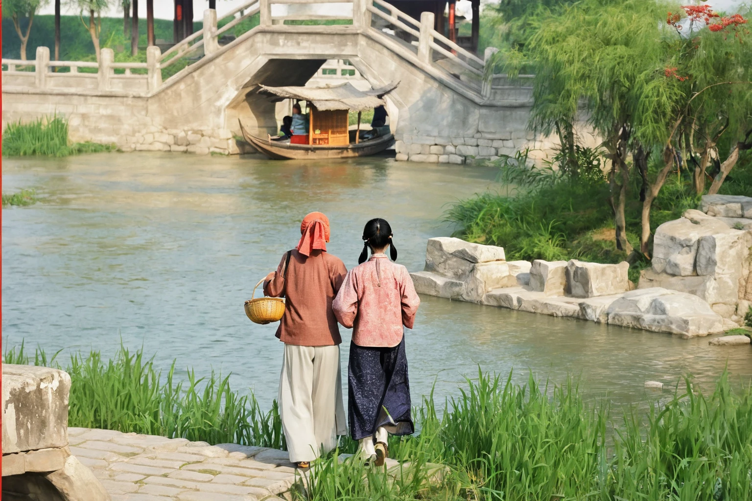 Ink Painting,Fan Zeng style,大FreehandInk Painting,((Freehand))((Ink Painting))Ancient Chinese Villages,There are two women,目送Boat只,bridge,Boat,masterpiece,International Award-winning Works,Rice paper effect,Graininess,Colorful,Ink Painting,油画Ink Painting效果,
