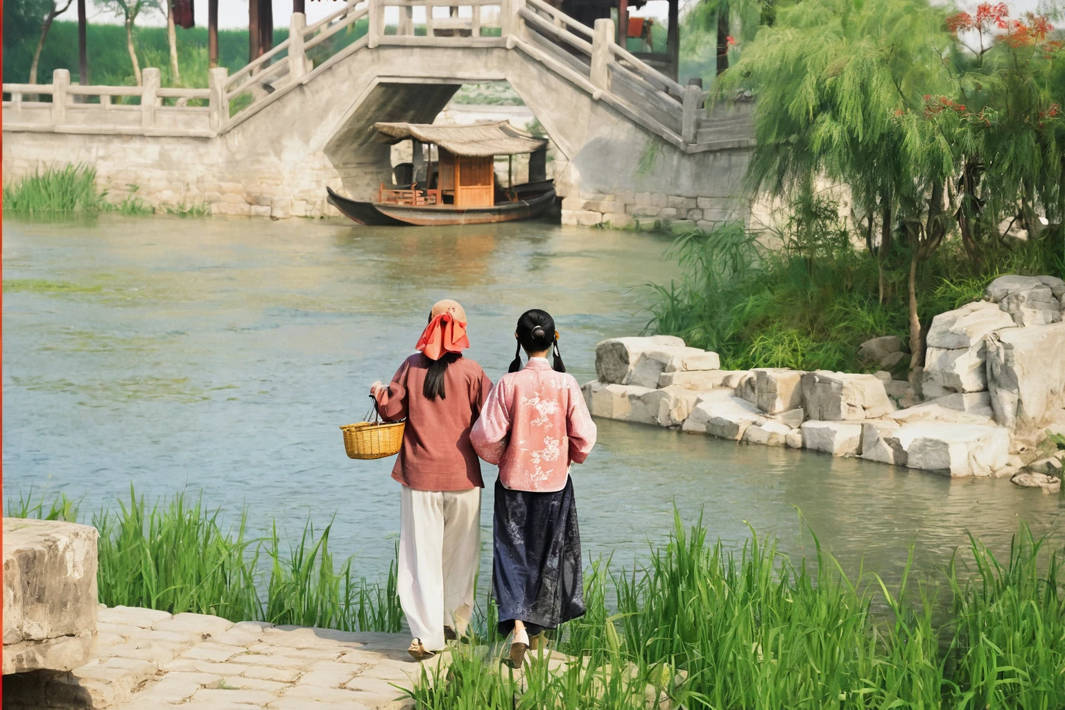 Ink Painting,Fan Zeng style,大FreehandInk Painting,((Freehand))((Ink Painting))Ancient Chinese Villages,There are two women,目送Boat只,bridge,Boat,masterpiece,International Award-winning Works,Rice paper effect,Graininess,Colorful,Ink Painting,油画Ink Painting效果,