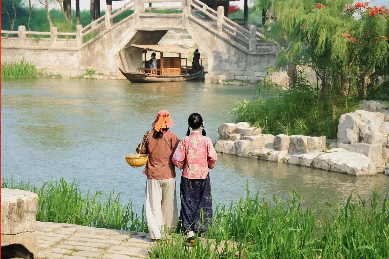 Ink Painting,Fan Zeng style,大FreehandInk Painting,((Freehand))((Ink Painting))Ancient Chinese Villages,There are two women,目送Boat只,bridge,Boat,masterpiece,International Award-winning Works,Rice paper effect,Graininess,Colorful,Ink Painting,油画Ink Painting效果,