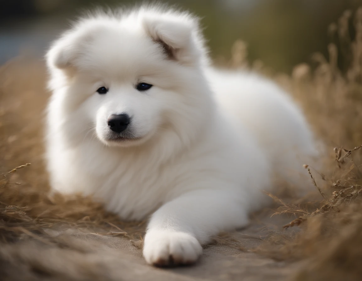 A samoyed Dog , hyperrealistic, Puppy 2 months old, pure white , show the whole body , Contest level dog, 1st prize