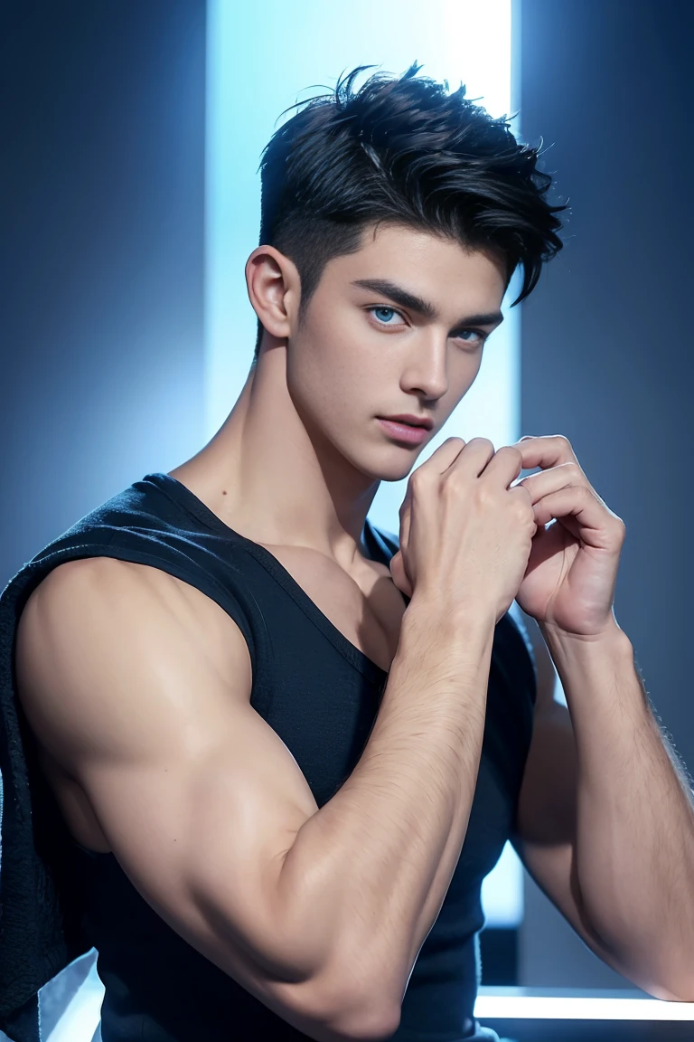 Ultra wide angle,((masterpiece)),((best quality)),8K,High Detail,Very detailed, 2 handsome muscular boys,very manly,blue eyes,Fashionable short hair,Vivid male image, fashion pose, masculine expression,Real skin texture, Perfect hand details,Authentic hand details,Light,
Royal blue style couple,White male model photos