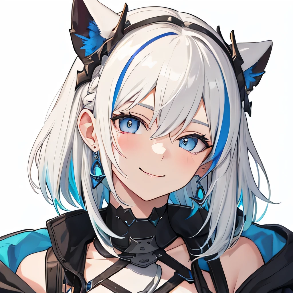 best quality, masterpiece, highres, duo, {magallan_arknights:1.15}, multicolored_hair, streaked_hair, short_hair, white_hair, blue_hair, rainbow_eyes, smile, jewelry, earrings, upper_body, bangs, hair_between_eyes, 1girl, looking_at_viewer, single_earring, portrait, white_background, bikini, wink eye, Half body