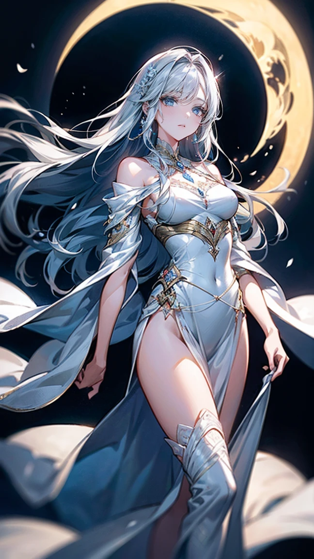 highest quality、masterpiece、8k、Realistic、超High resolution、Very delicate and beautiful、High resolution、Cinema Lighting、medium range shooting、Portraiture、Perfect female body、(Medium breast:1.3)、Opposition、Looking at the audience、((Long flowing silver hair:1.6、Shining by reflecting the moonlight、Deep blue eyes))、Mysterious glow reminiscent of a starry sky、Soft contours、Calm expression、Beautiful Lips、Slender and graceful physique、Elegance is more prominent than strength、Sparkling in the moonlight、((Flowing white robes、Star and moon patterns are woven into the fabric、Symbolizes magical power))、A silver pendant shines around her neck.、Collect magical energy、Always with a calm and gentle smile、Providing comfort to others、A graceful and easy walk、A movement that cuts through the air。